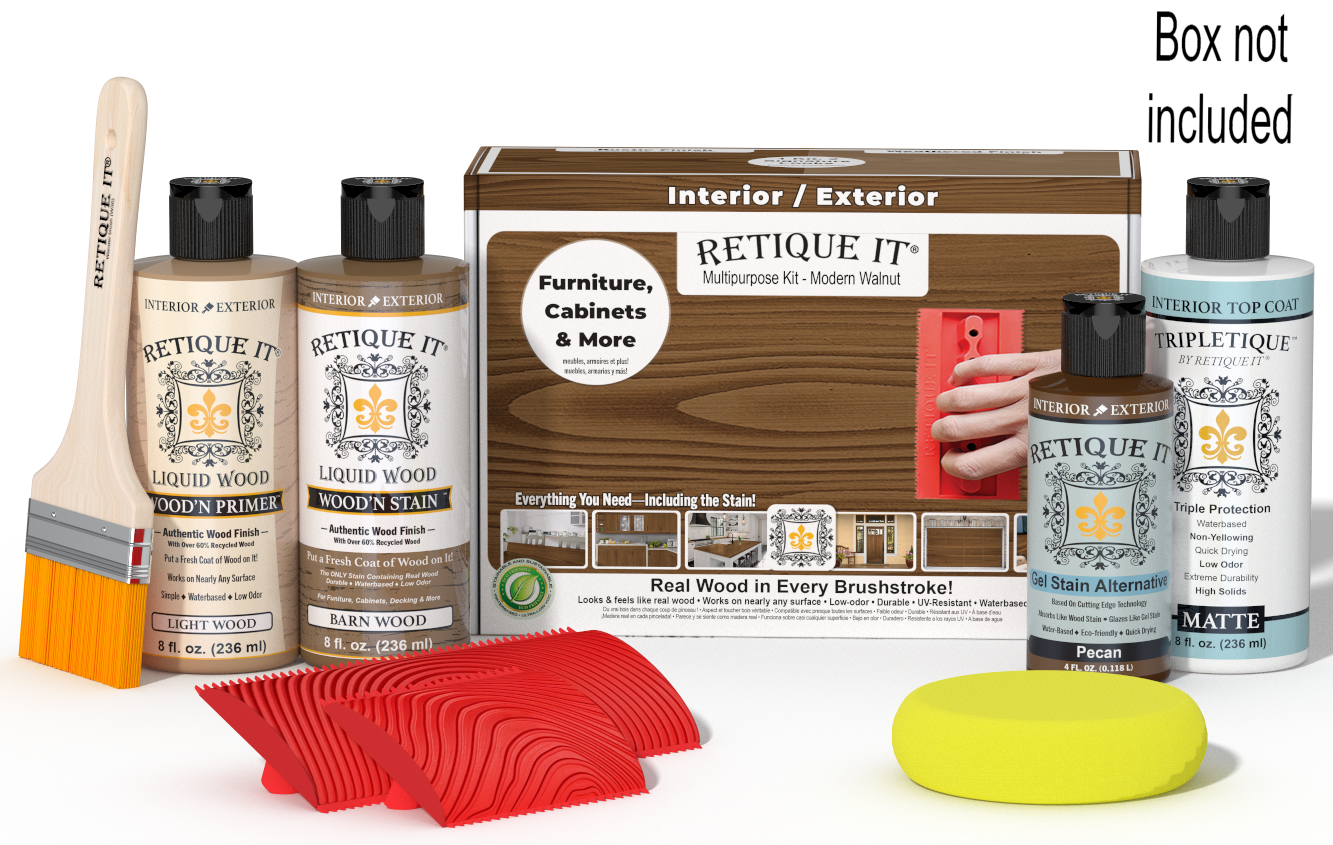 Retique It® Modern Walnut Multipurpose Kit with Light Wood primer, Barn Wood stain, Pecan gel stain alternative, Matte Tripletique® Top Coat, brush, red graining tool, yellow sponge, and product box.