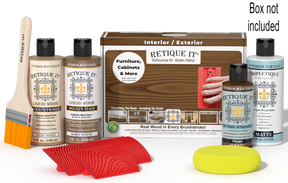 Retique It® Modern Walnut Multipurpose Kit with Light Wood primer, Barn Wood stain, Pecan gel stain alternative, Matte Tripletique® Top Coat, brush, red graining tool, yellow sponge, and product box.