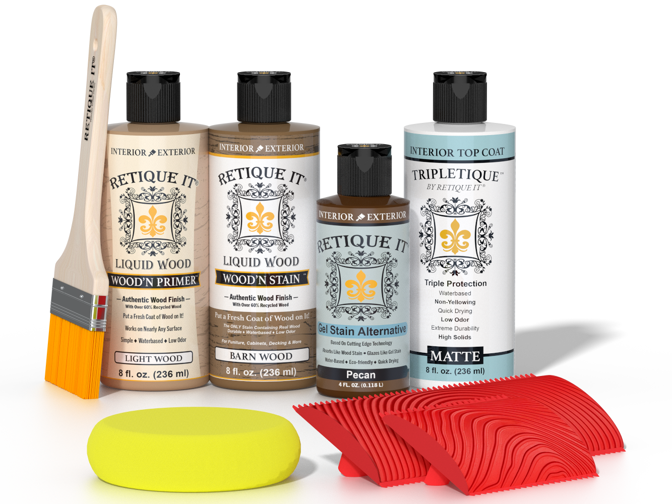 Retique It® Medium Walnut Wood'n Kit with Light Wood primer, Barn Wood stain, Pecan gel stain alternative, Matte Tripletique® Top Coat, brush, red graining tool, and yellow sponge.