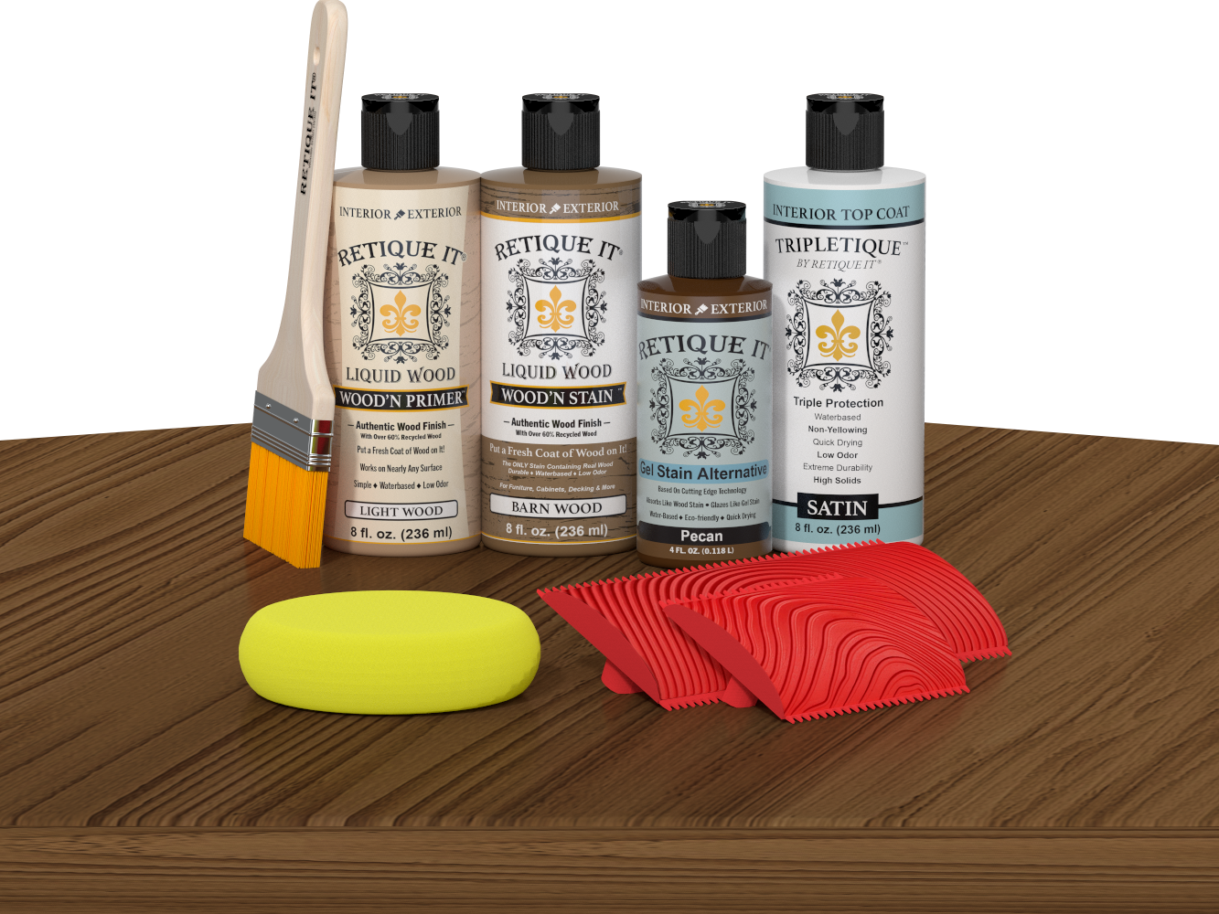 Retique It® Barn Wood Wood'n Kit with Light Wood Primer, Barn Wood Wood'n Stain, Satin TripleTique Top Coat, Pecan Gel Stain Alternative, yellow sponge, red graining tool, and brush.