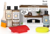 Retique It® Modern Walnut Wood Mantel Kit with primer, stains, brush, yellow sponge, red graining tools, and packaging.
