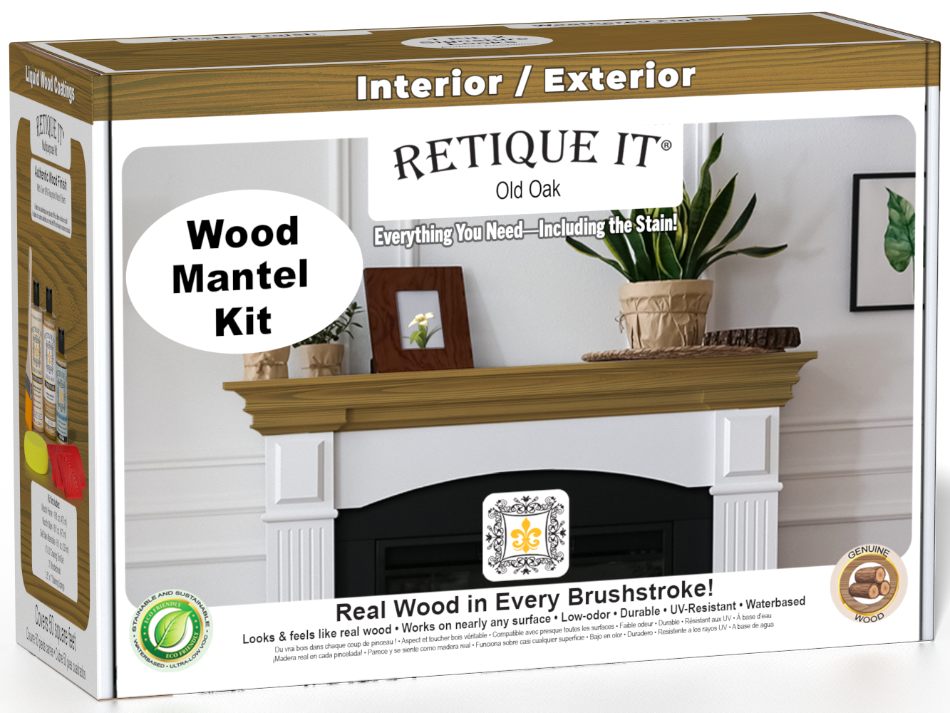 Retique It® Fireplace Mantel Wood'n Finish Kit in Old Oak stain, showing a wood finish stain kit for fireplace mantels.