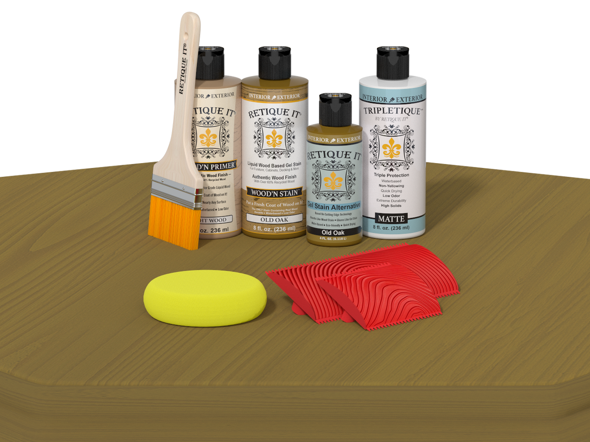 Set of wood care products including bottles, a brush, and cloths on a wooden surface.