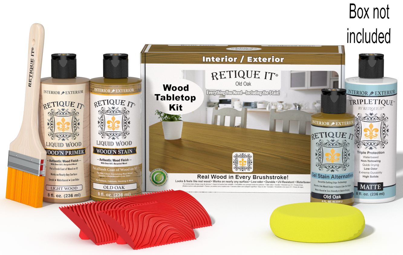 Retique It® Wood'n Finish Kit in Old Oak stain, featuring staining products and tools for wood tabletop finishing.