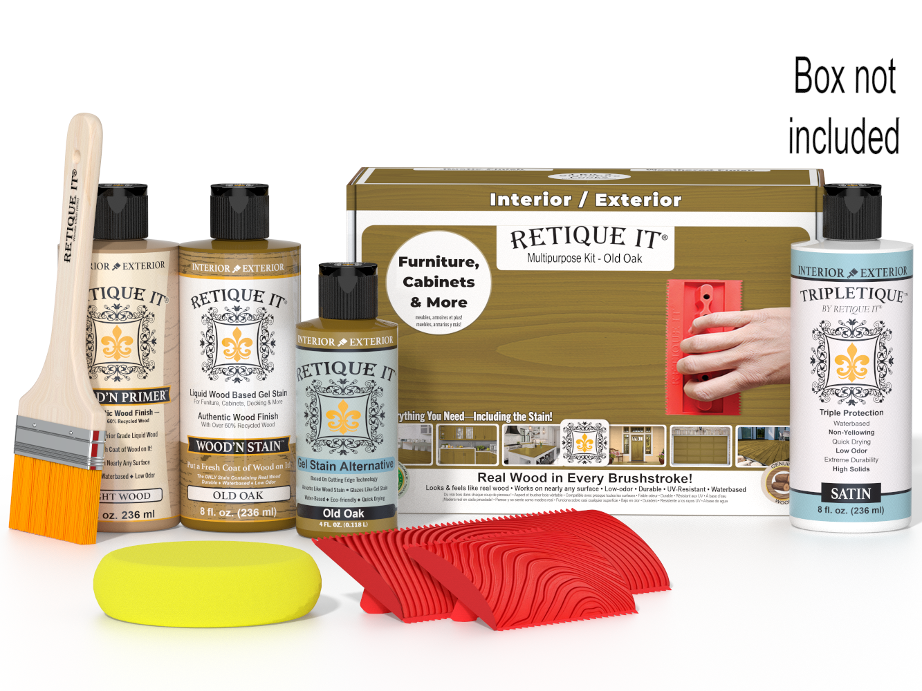 Retique It® Wood'n Finish Kit in Old Oak, interior top coat with wood finish supplies in a box for multi-purpose use.