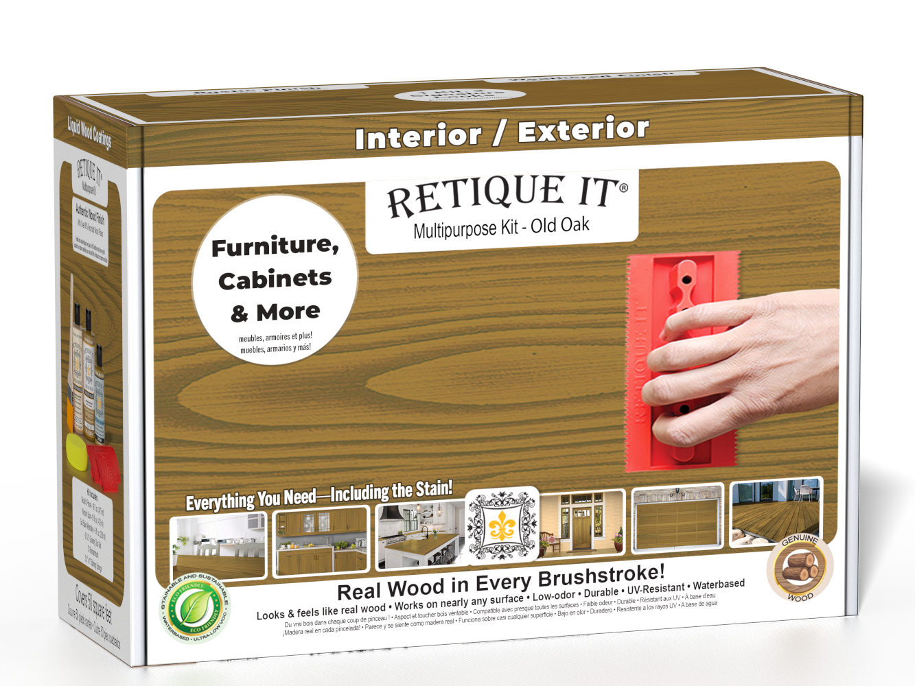 Retique It® Old Oak Multipurpose Kit retail box featuring an Old Oak wood finish, red graining tool demonstration, and furniture, cabinets & more project imagery.