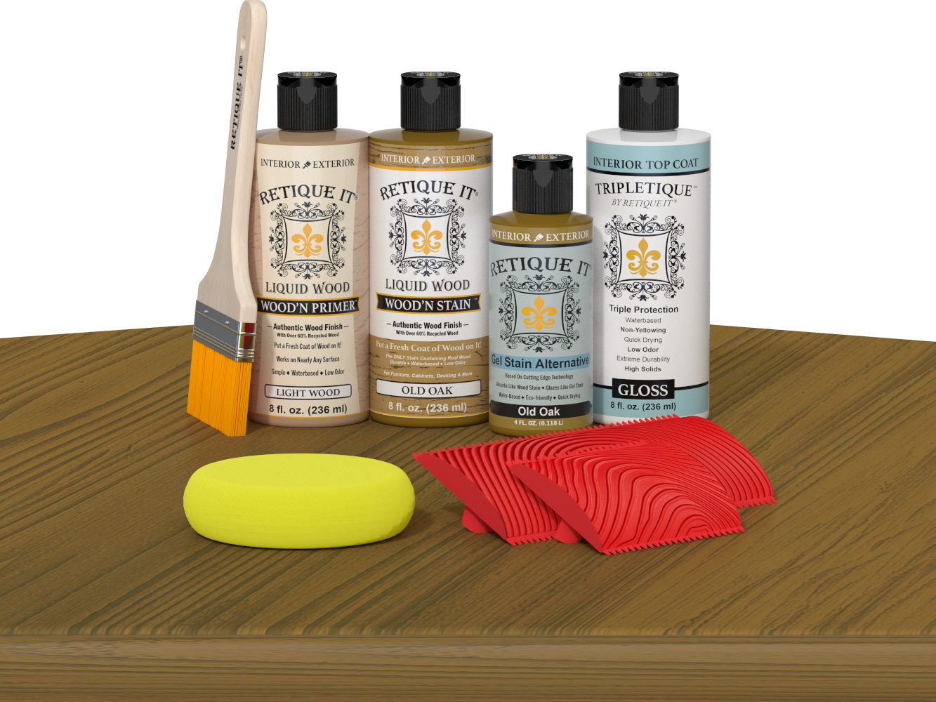 Retique It® Old Oak Wood'n Kit with Light Wood primer, Old Oak stain, Old Oak gel stain alternative, Gloss Tripletique® Top Coat, brush, red graining tool, and yellow sponge.