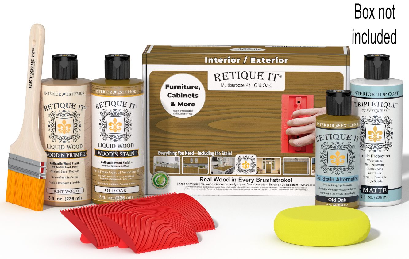 Retique It® Old Oak Multipurpose Kit with Light Wood primer, Old Oak stain, Old Oak gel stain alternative, Matte Tripletique® Top Coat, brush, red graining tool, yellow sponge, and product box.