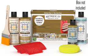Retique It® Old Oak Multipurpose Kit with Light Wood primer, Old Oak stain, Old Oak gel stain alternative, Matte Tripletique® Top Coat, brush, red graining tool, yellow sponge, and product box.