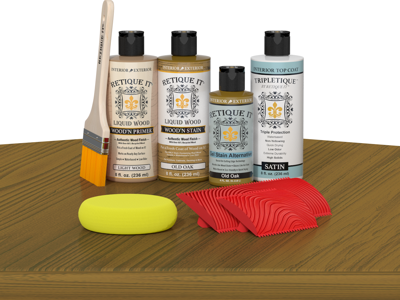 Retique It® Old Oak Wood'n Kit with Light Wood primer, Old Oak stain, Old Oak gel stain alternative, Satin Tripletique® Top Coat, brush, red graining tool, and yellow sponge.