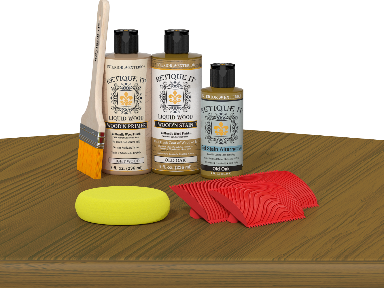 Retique It® Wood'n Finish Kit in Old Oak, multi-purpose wood finishing kit displayed on a table with wood samples.