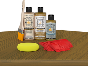 Retique It® Fireplace Mantel Wood'n Finish Kit in Old Oak stain, showing a wood sample with a warm oak finish.
