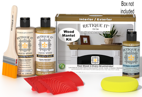 Retique It® Fireplace Mantel Wood'n Finish Kit in Old Oak stain, featuring stain bottles and application tools for wood finishing.