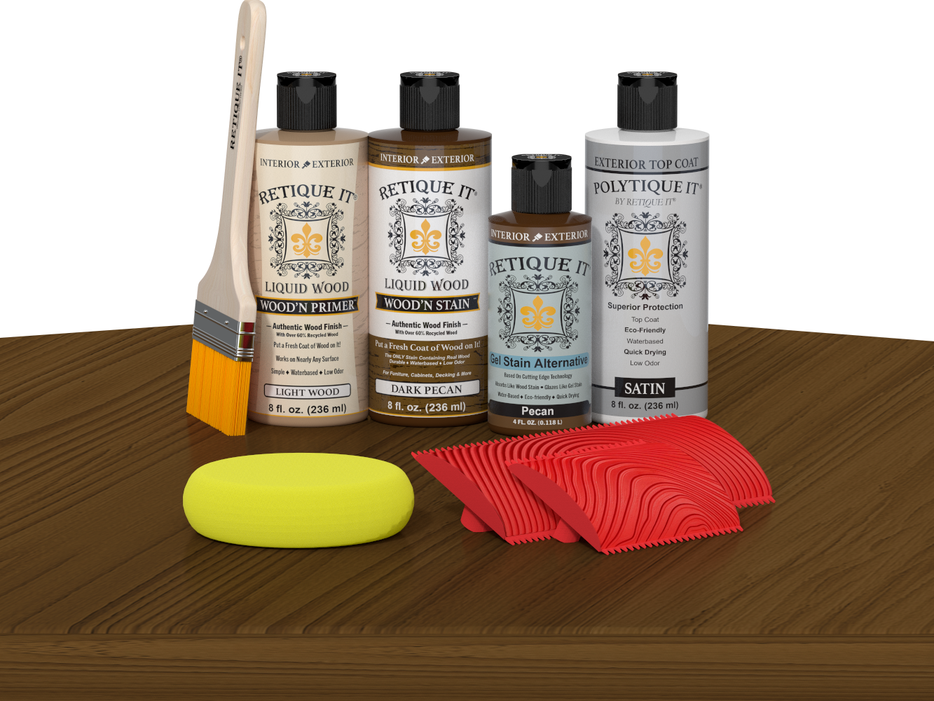Retique ItÂ® Wood'n Finish Kit in Dark Pecan with exterior top coat, displayed on a table for multi-purpose wood finishing.
