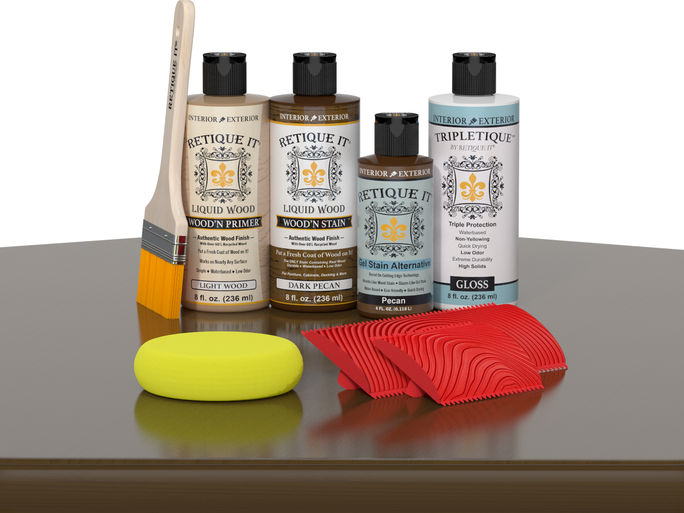 Dark Pecan Wood'n Finish Kit by Retique It® for interior wood projects, featuring a multi-purpose top coat application.