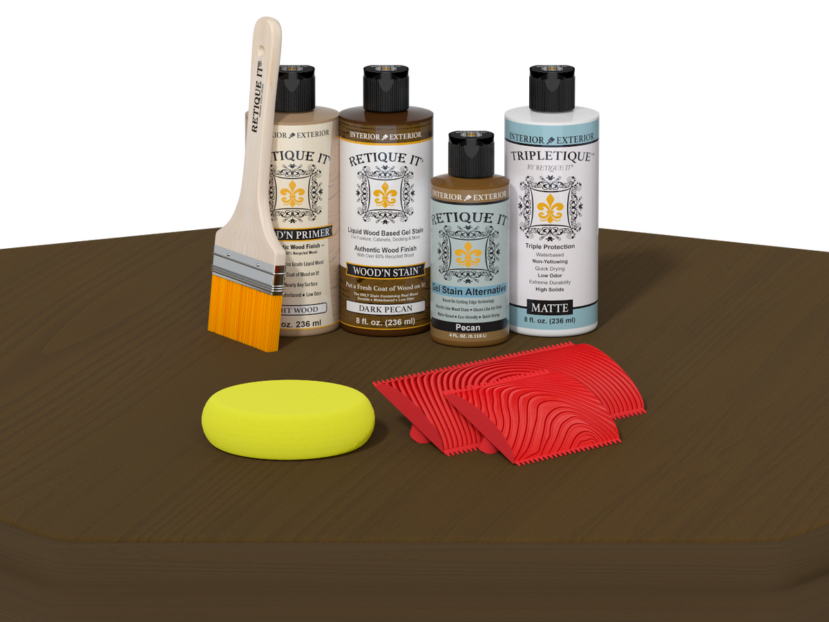 Set of wood care products including bottles, a brush, and cloths on a brown surface.
