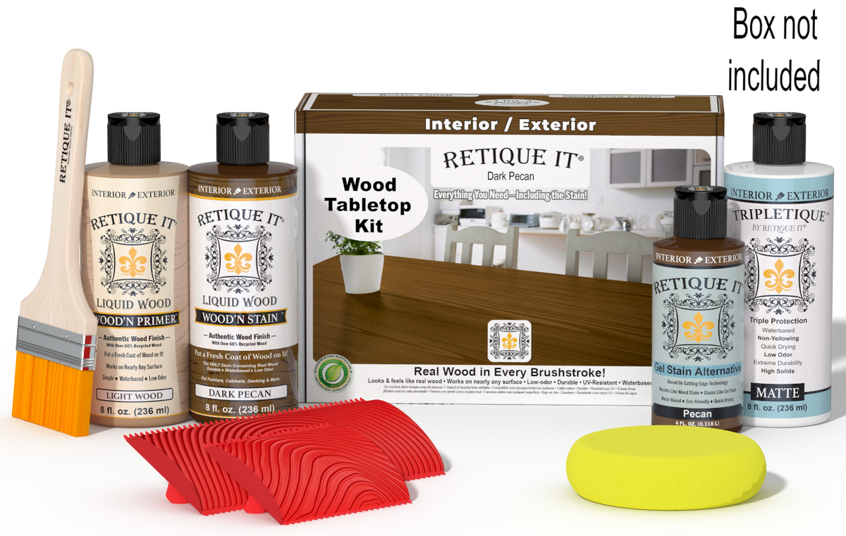 Retique It® Wood'n Finish Kit in Dark Pecan stain, featuring a box of stain bottles and applicator for tabletop furniture.