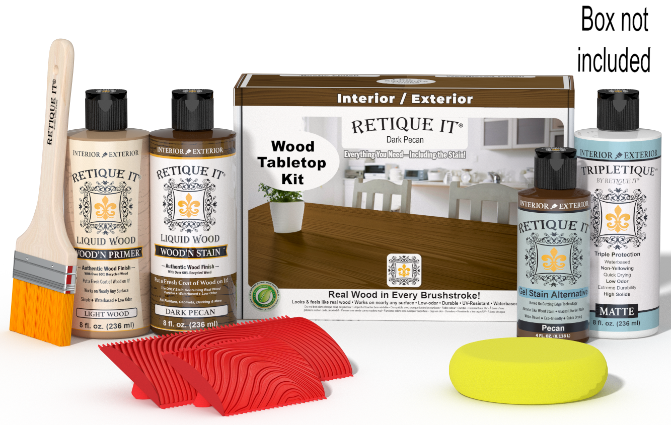 Retique It® Wood'n Finish Kit in Dark Pecan stain, featuring a box of stain bottles and applicator for tabletop furniture.