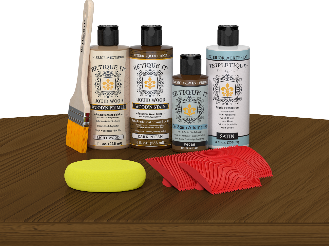 Retique It® Wood'n Finish Kit in Dark Pecan stain, featuring wood stain bottles and applicator on a table for wood finishing.