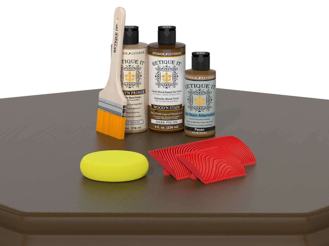 Set of wood care products including bottles, a brush, and cloths on a gray surface.