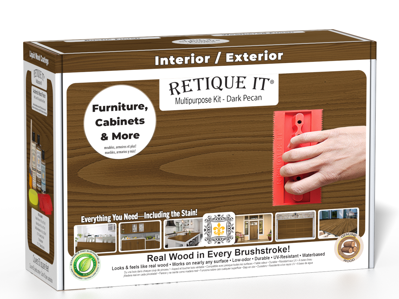 Retique It® Dark Pecan Multipurpose Kit retail box featuring a Dark Pecan wood finish, red graining tool demonstration, and furniture, cabinets & more project imagery.