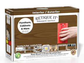 Retique It® Dark Pecan Multipurpose Kit retail box featuring a Dark Pecan wood finish, red graining tool demonstration, and furniture, cabinets & more project imagery.
