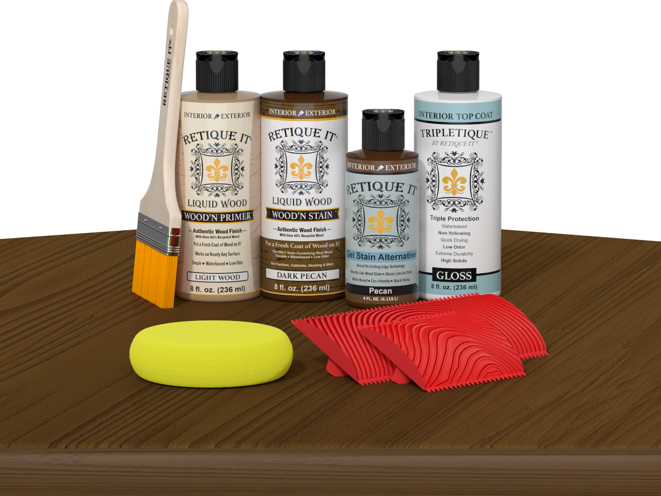 Retique It® Dark Pecan Wood'n Kit with Light Wood primer, Dark Pecan stain, Pecan gel stain alternative, Gloss Tripletique® Top Coat, brush, red graining tool, and yellow sponge.