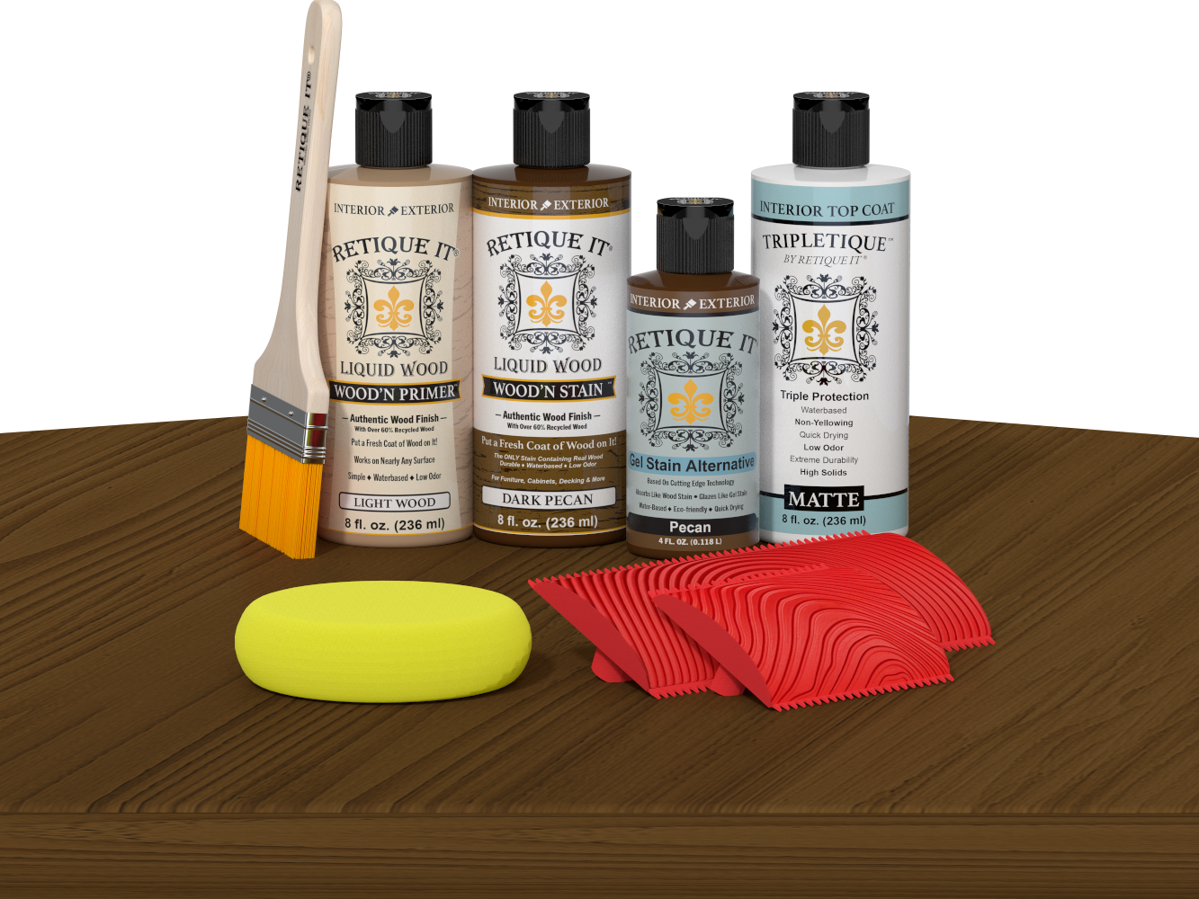 Retique It® Dark Pecan Wood'n Kit with Light Wood primer, Dark Pecan stain, Pecan gel stain alternative, Matte Tripletique® Top Coat, brush, red graining tool, and yellow sponge.