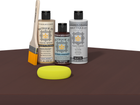 Retique It refinishing kit with Light Wood primer, Red Mahogany gel stain alternative, matte Polytique It topcoat, a brush and yellow sponge.