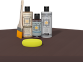 Retique It refinishing kit with Light Wood primer, Java gel stain alternative, matte Polytique It topcoat, a brush and yellow sponge.