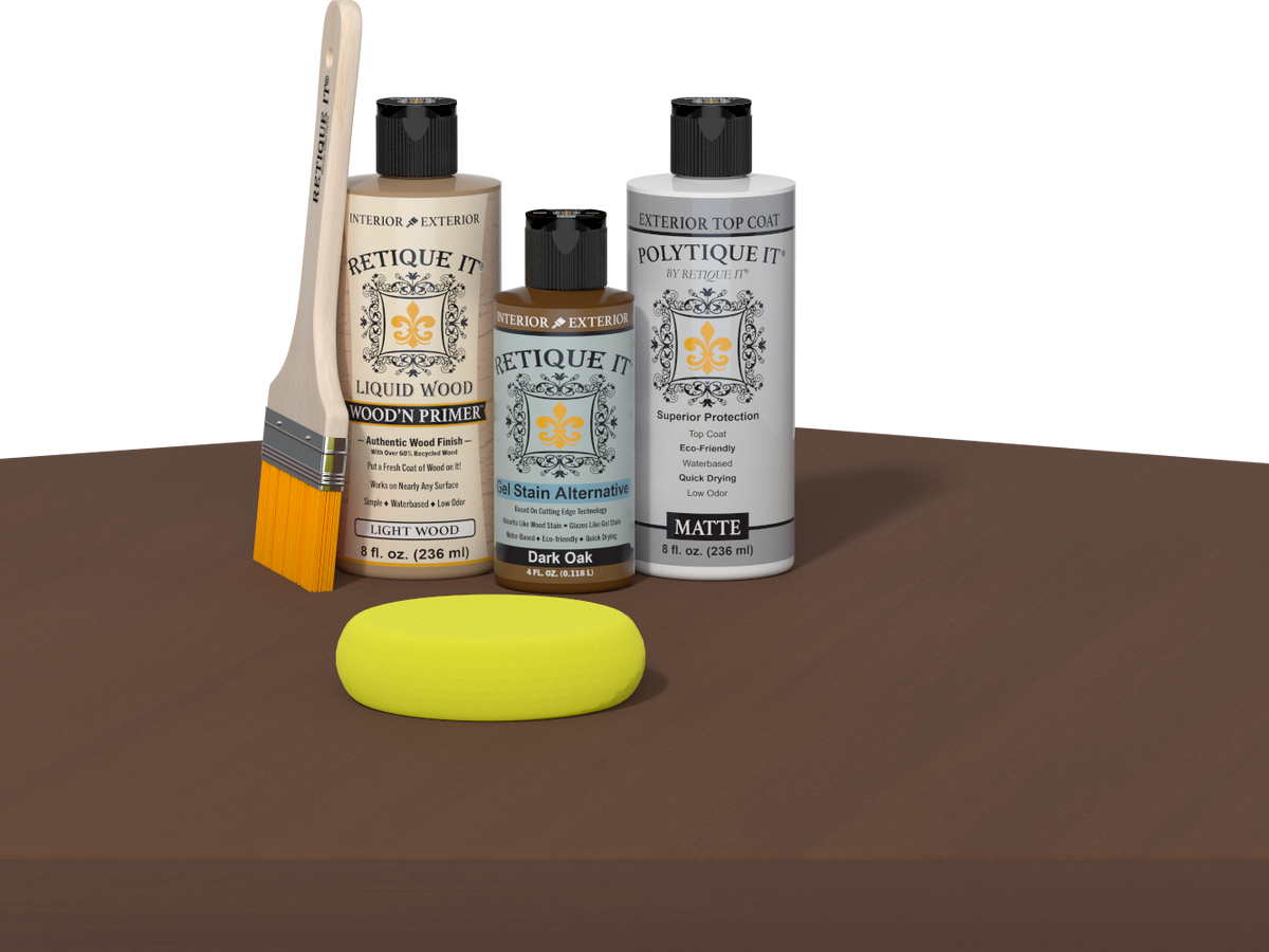 Retique It refinishing kit with Light Wood primer, Dark Oak gel stain alternative, matte Polytique It topcoat, a brush and yellow sponge.