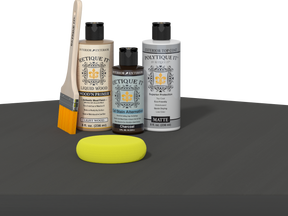 Retique It refinishing kit with Light Wood primer, Charcoal gel stain alternative, matte Polytique It topcoat, a brush and yellow sponge.