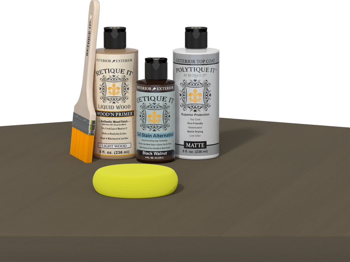 Retique It refinishing kit with Light Wood primer, Black Walnut gel stain alternative, matte Polytique It topcoat, a brush and yellow sponge.