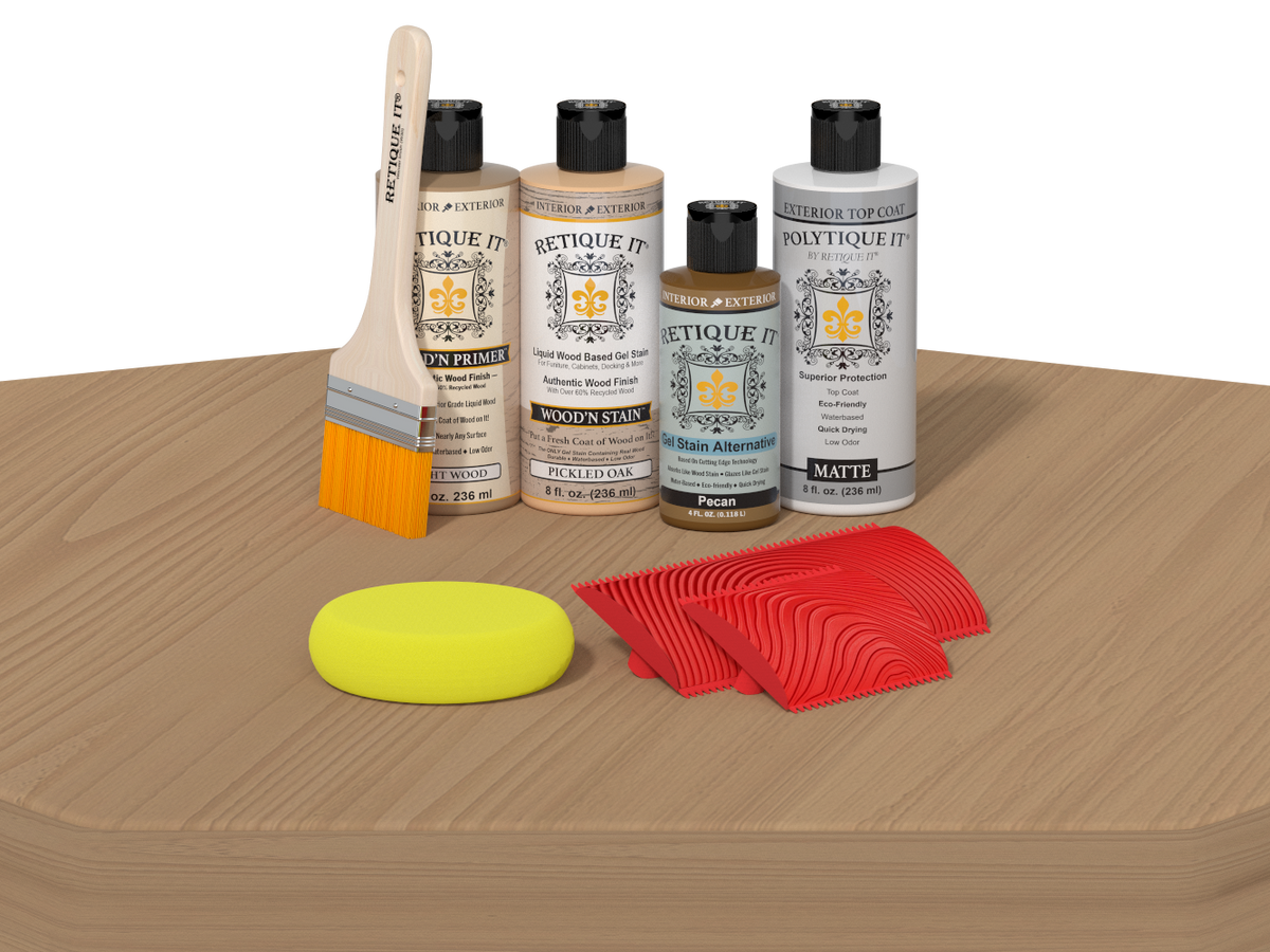 Set of wood care products including bottles, a brush, and cloths on a wooden surface.