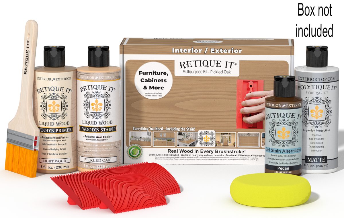 Retique It® Wood'n Finish Kit in Pickled Oak for exterior top coat, includes wood finish and application tools in a compact box.