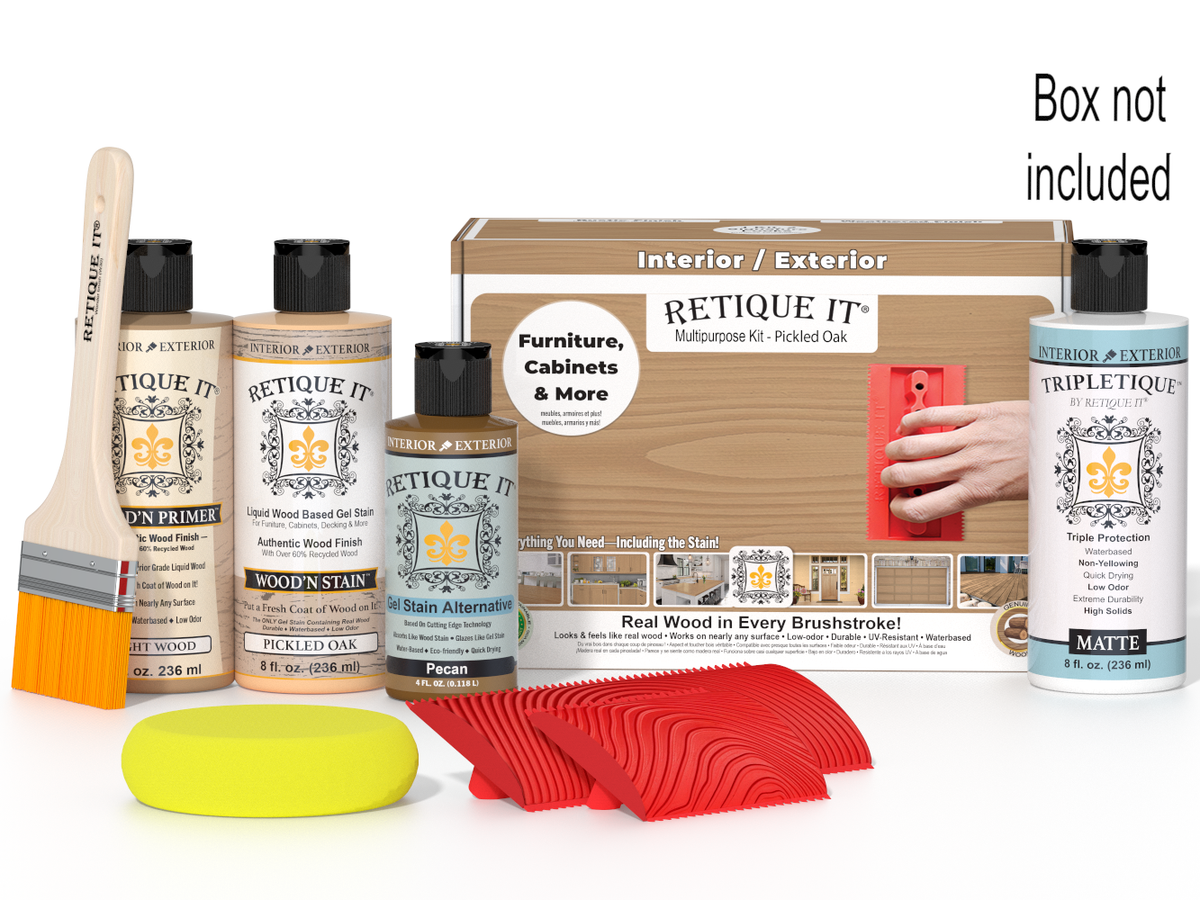 Retique It wood finish kit with bottles, a brush, and sponges on a white background.