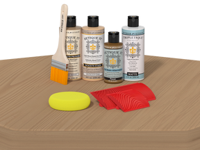 Retique It® Wood'n Finish Kit in Pickled Oak applied to a table, showcasing a natural wood finish for interior top coat projects.