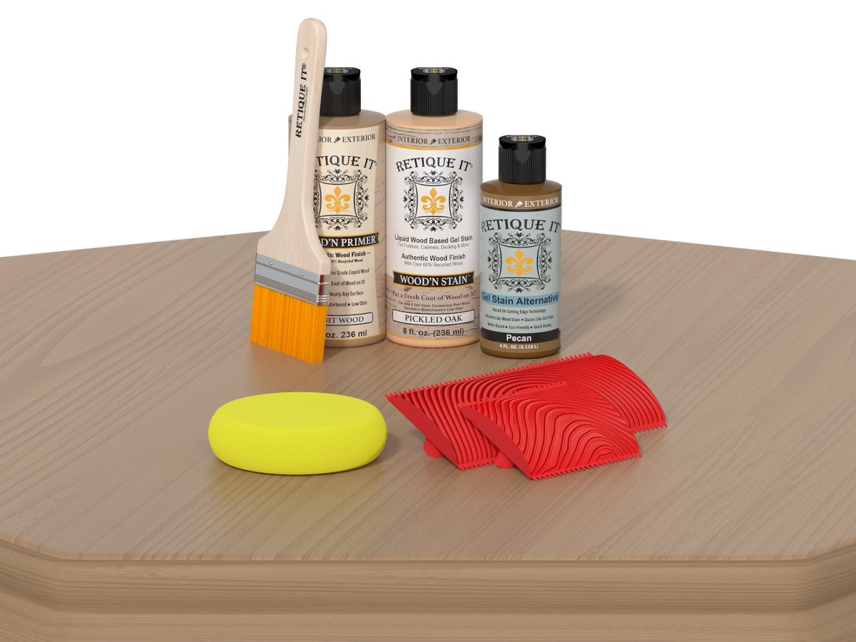 Wood care products including bottles, a brush, and a sponge on a wooden surface.