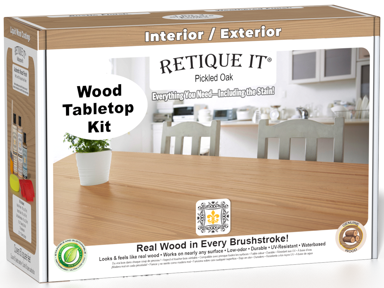 Retique It® Pickled Oak Wood Tabletop Kit box featuring a Pickled Oak wood finish and complete refinishing kit for interior and exterior surfaces.