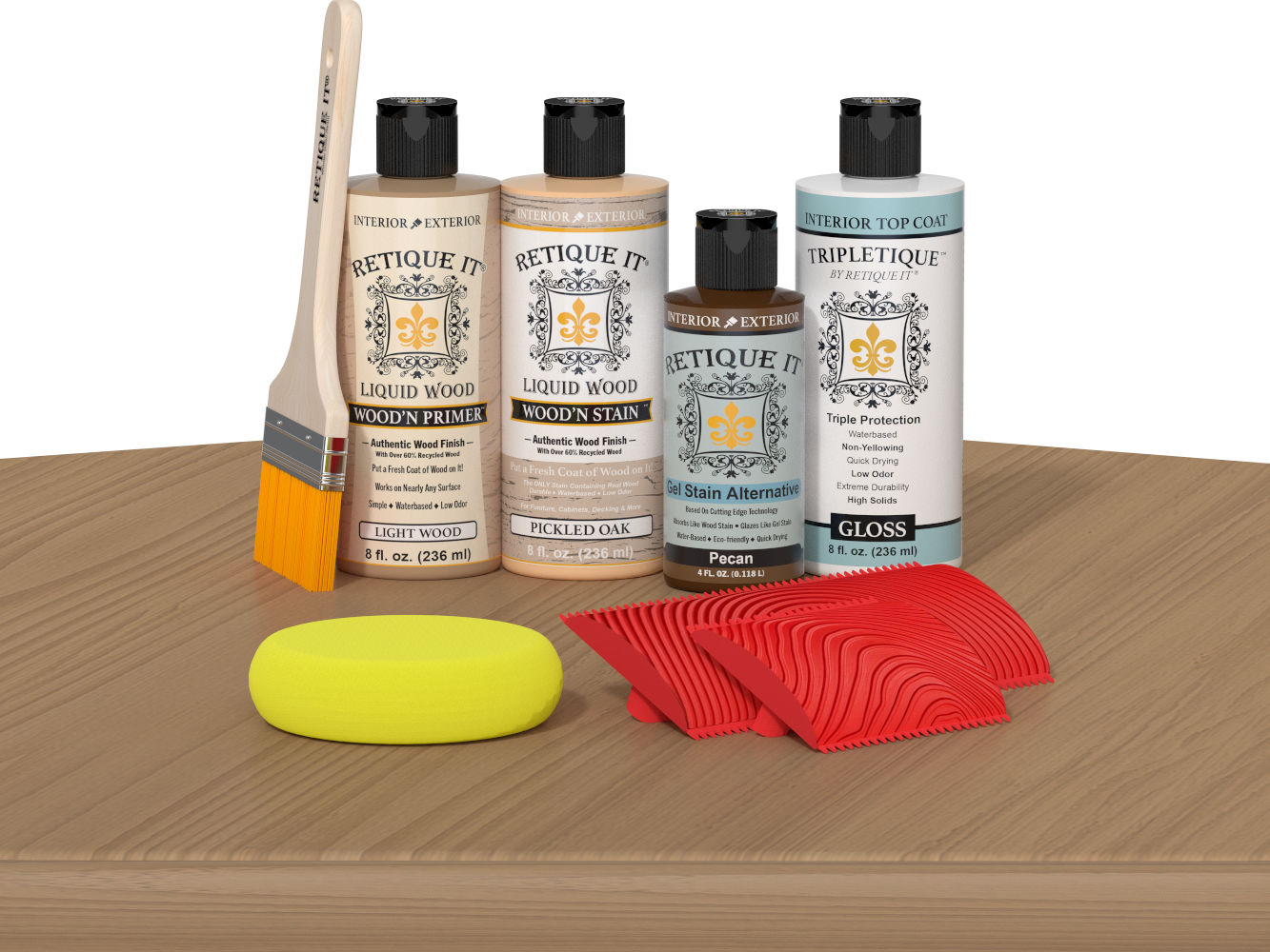 Retique It® Pickled Oak Wood'n Kit with Light Wood Primer, Pickled Oak Wood'n Stain, Gloss TripleTique Top Coat, Pecan Gel Stain Alternative, yellow sponge, red graining tool, and brush.