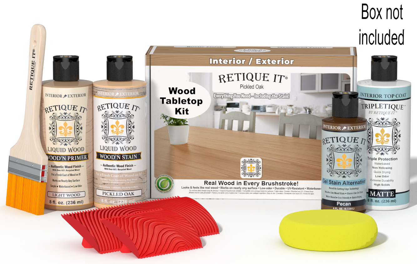 Retique It® Pickled Oak Wood Tabletop Kit with Light Wood Primer, Pickled Oak Wood'n Stain, Matte TripleTique Top Coat, Pecan Gel Stain Alternative, yellow sponge, red graining tool, brush, and kit box.