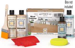Retique It® Pickled Oak Wood Tabletop Kit with Light Wood Primer, Pickled Oak Wood'n Stain, Matte TripleTique Top Coat, Pecan Gel Stain Alternative, yellow sponge, red graining tool, brush, and kit box.