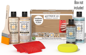 Retique It® Pickled Oak Multipurpose Kit with Light Wood primer, Pickled Oak stain, Pecan gel stain alternative, Matte Tripletique® Top Coat, brush, red graining tool, yellow sponge, and product box.