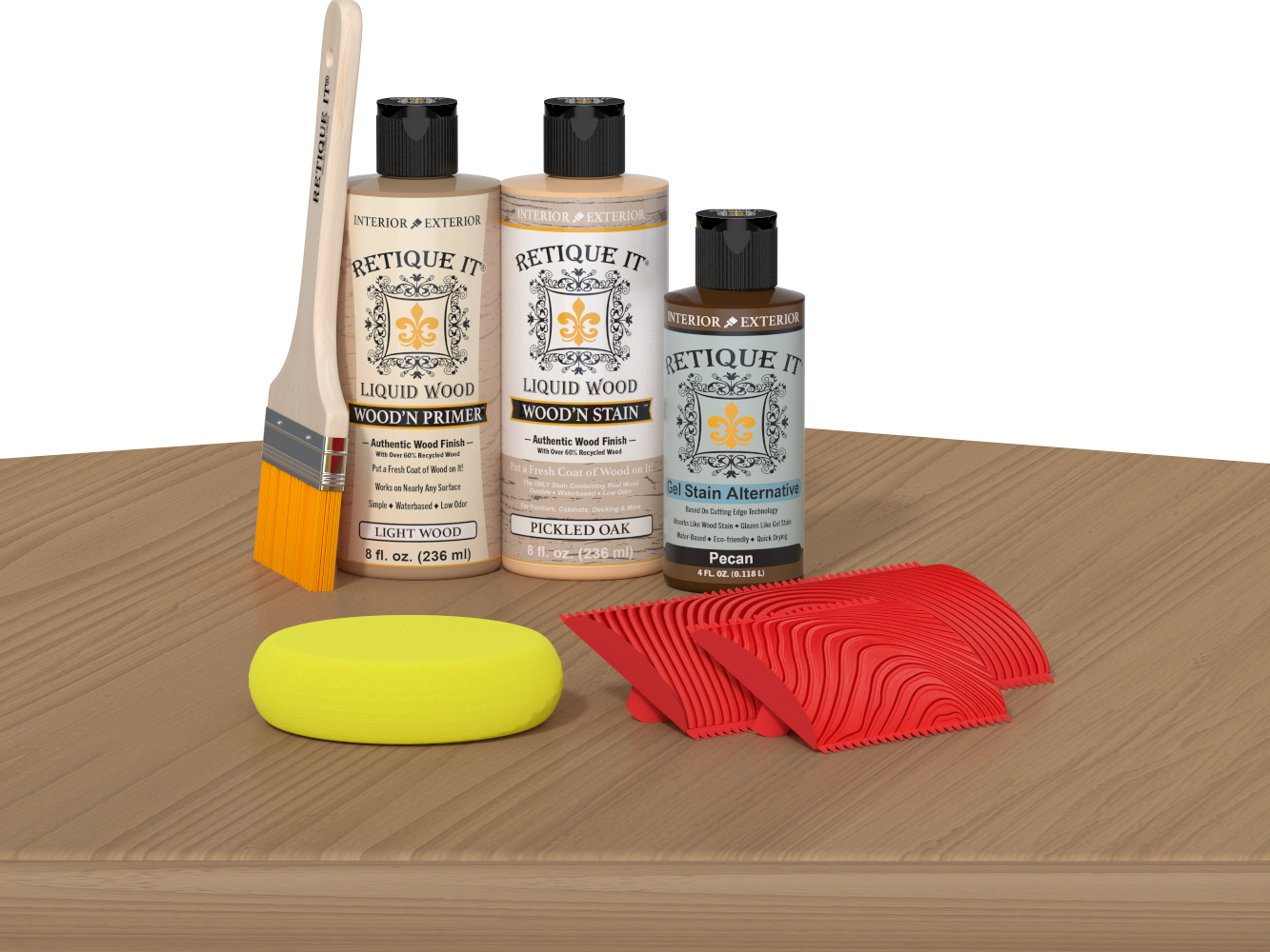 Retique It® Fireplace Mantel Wood'n Finish Kit in Pickled Oak stain, showing the wood finish and application details.