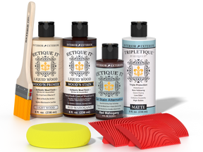 Multi-purpose Wood'n Kit in Red Mahogany from Retique It® with interior top coat, featuring wood finish and application tools.
