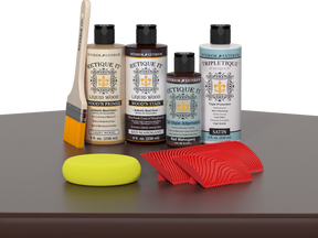Retique It® Wood'n Kit in Red Mahogany, interior top coat applied on a table showcasing natural wood finish and rich color.