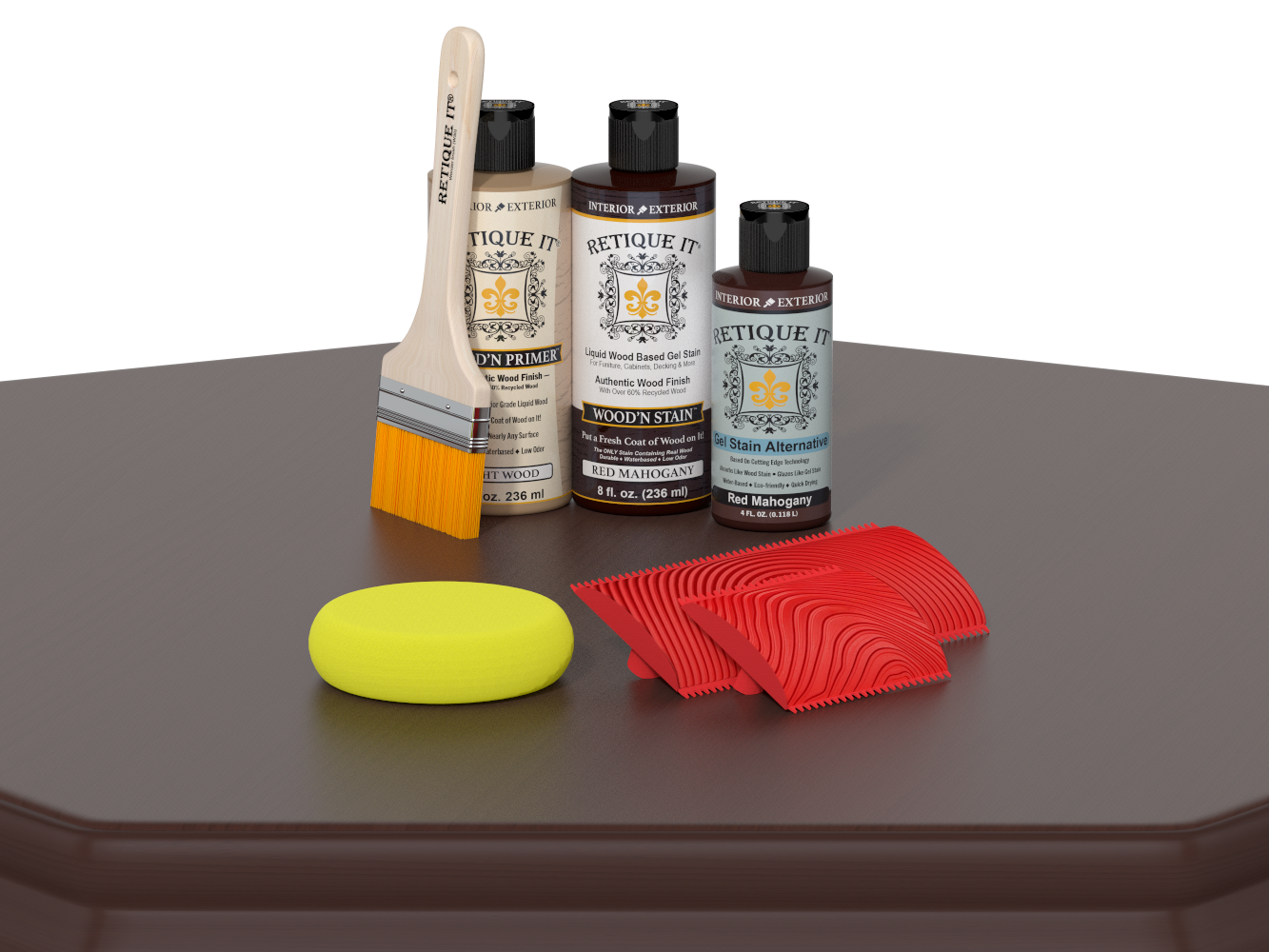Red Mahogany Wood'n Finish Kit by Retique It® for multi-purpose wood finishing, shown on a table in the image.