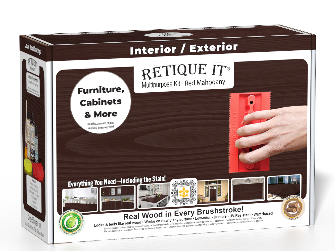 Retique It® Red Mahogany Multipurpose Kit retail box featuring a Red Mahogany wood finish, red graining tool demonstration, and furniture, cabinets & more project imagery.