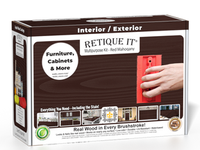 Retique It® Red Mahogany Multipurpose Kit retail box featuring a Red Mahogany wood finish, red graining tool demonstration, and furniture, cabinets & more project imagery.