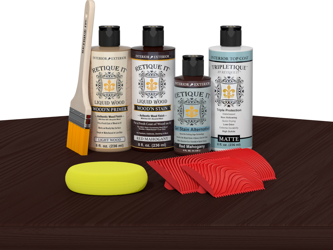 Retique It® Red Mahogany Wood'n Kit with Light Wood primer, Red Mahogany stain, Red Mahogany gel stain alternative, Matte Tripletique® Top Coat, brush, red graining tool, and yellow sponge.